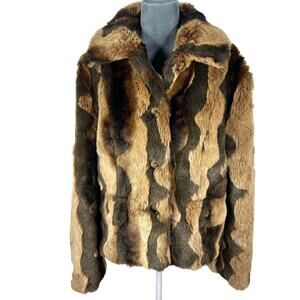 Y2K Faux Fur Bomber Coat Jacket Womens Large Brown Black Retro Glam Mob-Wife NEW
